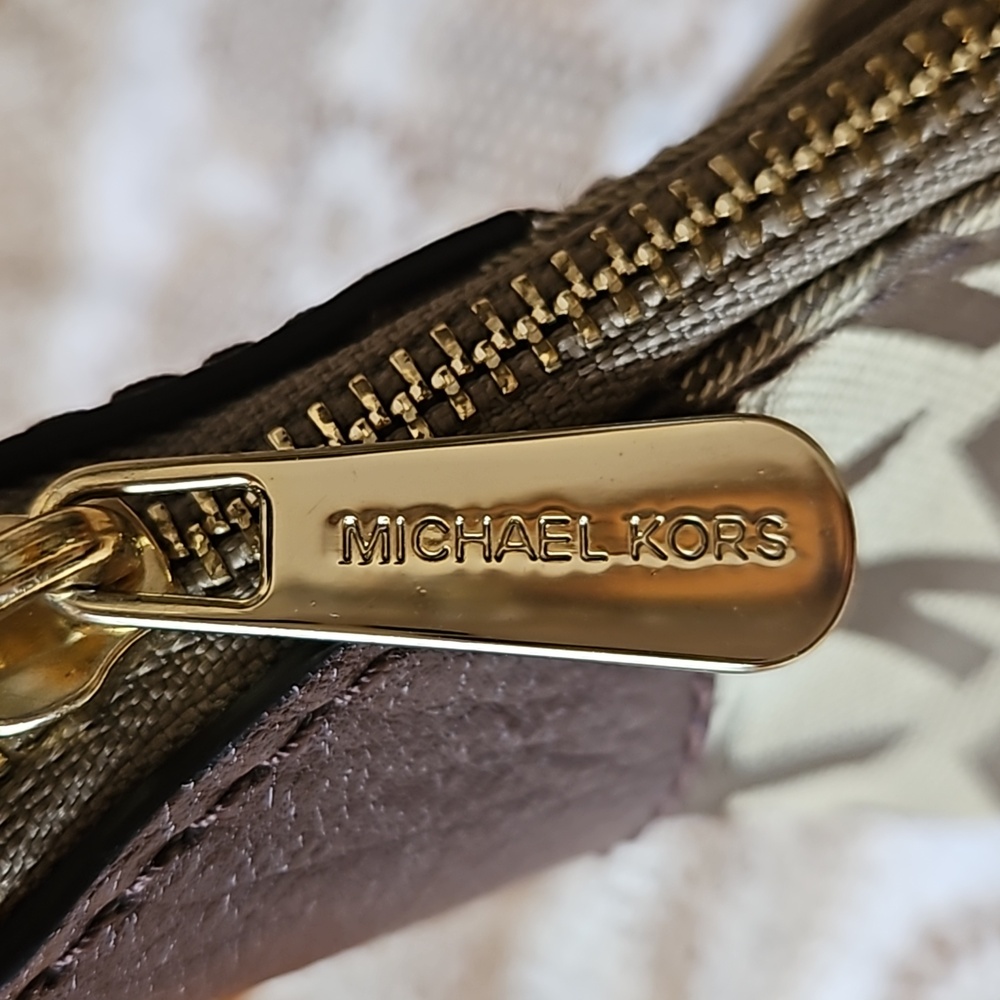 Michael Kors Millbrook Signature MK Brown Tan Jacquard Leather Shoulder Hobo Bag - Picture 8 of 12